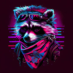 raccoon wearing a bandana, gradient background synthwave, Generative AI