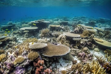 Underwater scene of a coral reef, but the corals are bleaching white, dying off due to rising ocean temperatures. Tropical fish scatter away from their dying habitat. Generative AI - obrazy, fototapety, plakaty