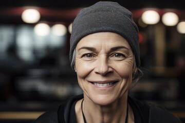 Portrait of smiling senior woman with hat looking at camera in cafe