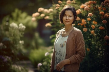 Portrait of a beautiful asian woman in the garden with flowers