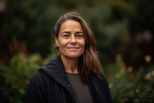 Medium shot portrait photography of a pleased woman in her 40s wearing a cozy sweater against a botanical or butterfly garden background. Generative AI