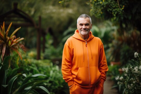 Senior Man In Orange Sportswear Standing In Garden, Looking At Camera