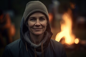 Fototapeta premium Portrait of a smiling middle-aged woman standing in front of a bonfire