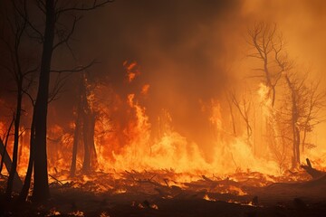 A dense forest on fire, thick black smoke billowing up into the orange sky. Flames licking at the remaining tree trunks. The fire rages out of control. Generative AI