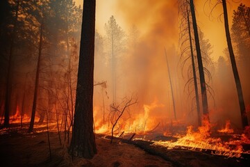 A dense forest on fire, thick black smoke billowing up into the orange sky. Flames licking at the remaining tree trunks. The fire rages out of control. Generative AI