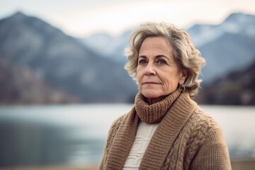 Fototapeta premium Portrait of a beautiful senior woman on the background of the mountains