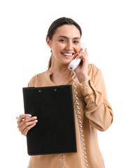 Happy young woman with documents talking by telephone on white background