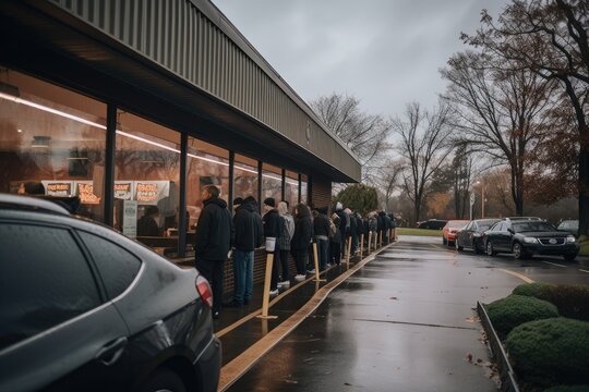 drive-thru window with long line of hungry customers waiting to place their order, created with generative ai