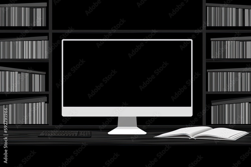 Poster modern workspace with a computer monitor on the desk. generative ai