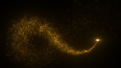 Bright flying sparks of particles, spinning in a circle, follow the flashing star.