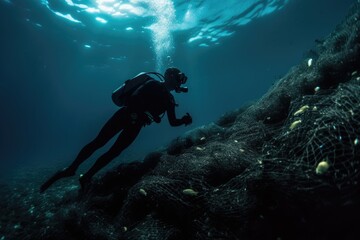 Fototapeta premium Scuba divers removing plastic waste from the depths