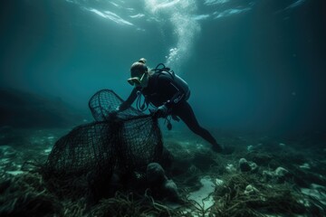 Scuba divers removing plastic waste from the depths