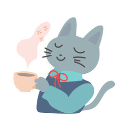 良い香りのティータイムを楽しむシャツを着た灰色の猫のイラスト