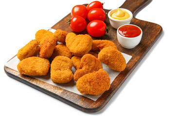 Wooden board of tasty nuggets with ketchup and mayonnaise on white background