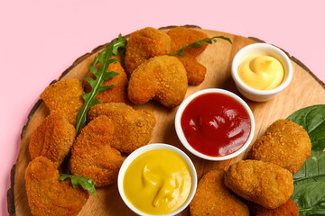 Wooden board with tasty nuggets and different sauces on pink background, closeup