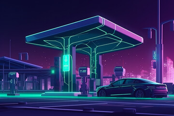 An eco-friendly electric car charging at a city gas station, featuring an industrial landscape, neon elements, and promoting a healthy environment with zero harmful emissions. Generative AI
