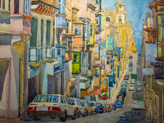 Valetta, Malta. Watercolors on paper. Painting by Sergio Kovalov. 