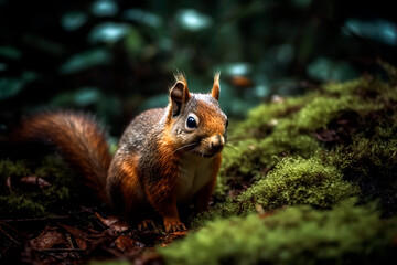 Naklejka na ściany i meble Wild squirrel in the green forest, rainy day.