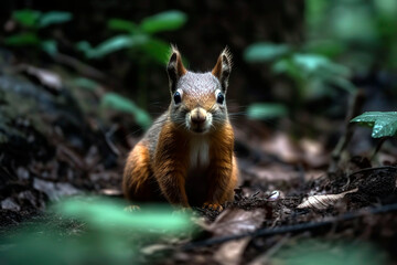 Wild squirrel in the green forest, rainy day.