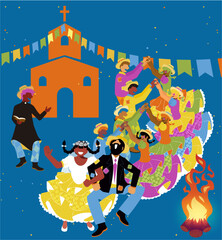 Fototapeta na wymiar Vetor de casais caipiras dançando quadrilha na Festa de São João - Festa Junina - Dança de Quadrilha - Festa Caipira - Noivos