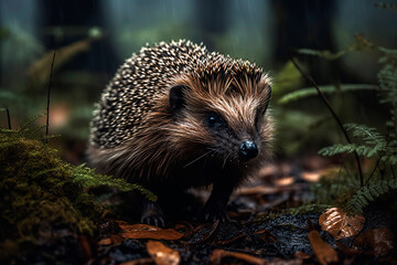 Fototapeta premium Wild hedgehog in the green forest, rainy day.