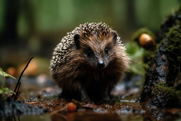Fototapeta premium Wild hedgehog in the green forest, rainy day.