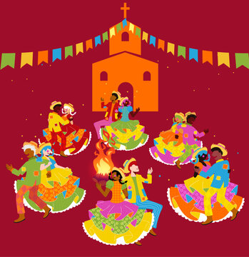 Vetor de casais caipira dan&ccedil;ando quadrilha na Festa de S&atilde;o Jo&atilde;o - Festa Junina