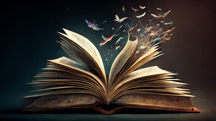Concept illustration of an open book with knowledge streaming out of it.