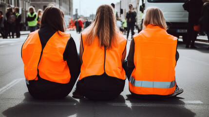 Three teenagers from the "Last Generation" or "Extinction Rebellion" are sitting in the middle of a street, in front of them there are cars and trucks in a traffic jam. Generative AI