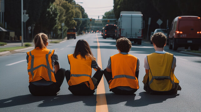 Four teenagers from the "Last Generation" or "Extinction Rebellion" are sitting in the middle of a street, in front of them there are cars and trucks in a traffic jam. Generative AI