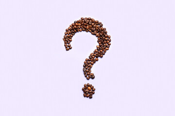 Question mark made of coffee beans on lilac background