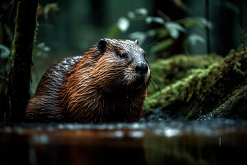 Wild Beaver in the green forest, rainy day.