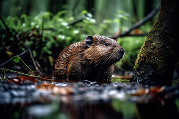 Wild Beaver in the green forest, rainy day. © Melipo-Art
