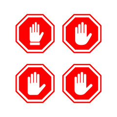 Stop icon vector illustration. stop road sign. hand stop sign and symbol. Do not enter stop red sign with hand