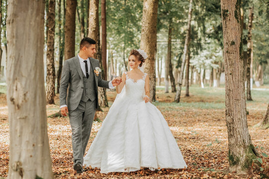 the bride and groom walk hand in hand through the forest. Happy couple. Wedding photo. Couple in love. Tall trees, wide-angle photo. Perfect light