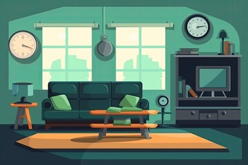 cozy living room with a comfortable couch, coffee table, and a stylish clock on the wall. Generative AI