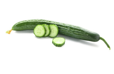Fresh cucumber and cut slices isolated on white background