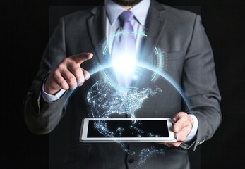 Thank you text for presentation, Businessman touching virtual screen