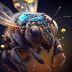 an ultra realistic macro photo of a portrait of a robotic bee with pollen