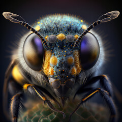 an ultra realistic macro photo of a portrait of a robotic bee with pollen