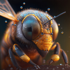 an ultra realistic macro photo of a portrait of a robotic bee with pollen