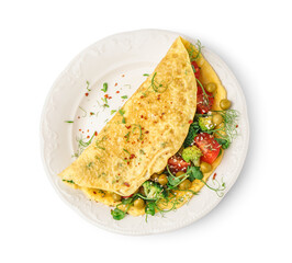 Tasty omelet with vegetables on white background