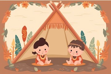 Obraz na płótnie Canvas two young girls sitting in front of a colorful teepee in a forest. Generative AI