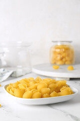 Plate with raw conchiglie pasta on light background