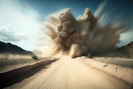cloud of dust and debris from after-effects of earthquake in road, created with generative ai