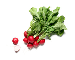 Bunch of ripe radish with green leaves isolated on white background