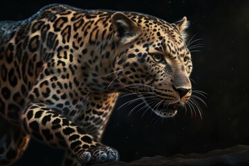 Fototapeta na wymiar Beautiful leopard. Background with selective focus and copy space. AI generated, human enhanced