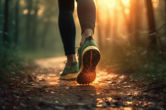 Legs of a woman jogging in the forest. Walking in nature in the fresh air after the rain. AI generated, human enhanced