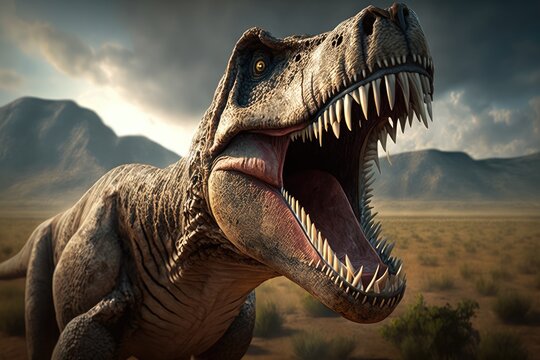 t-rex roaring in the savannah, with its mouth open and teeth on display, created with generative ai