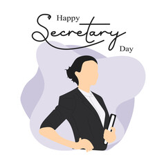 Hand written lettering Happy Secretary day. Flat illustration of young woman secretary. World professional holiday event. Design for greeting card decoration, poster, banner etc. Vector illustration